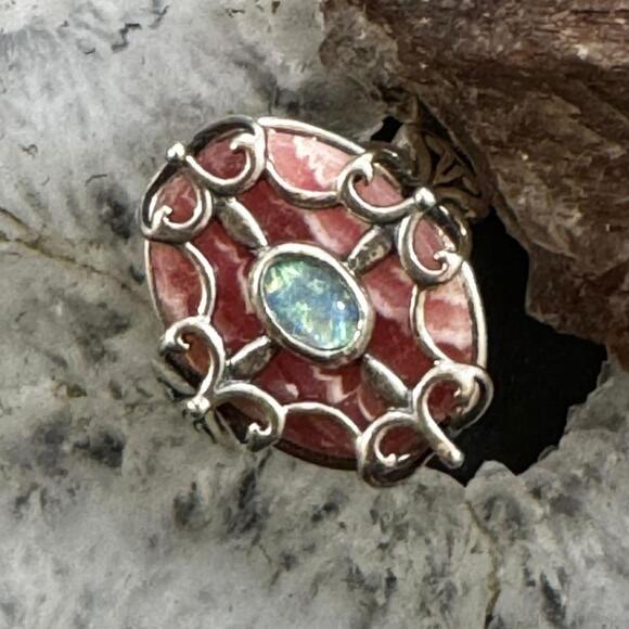 Carolyn Pollack Sterling Silver Rhodochrosite & Opal Ring Size 8.5 For Women - Picture 1 of 10